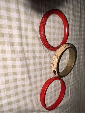 Women's Red and Cream Carved Bangle Bracelet Set Bone and Cinnabar